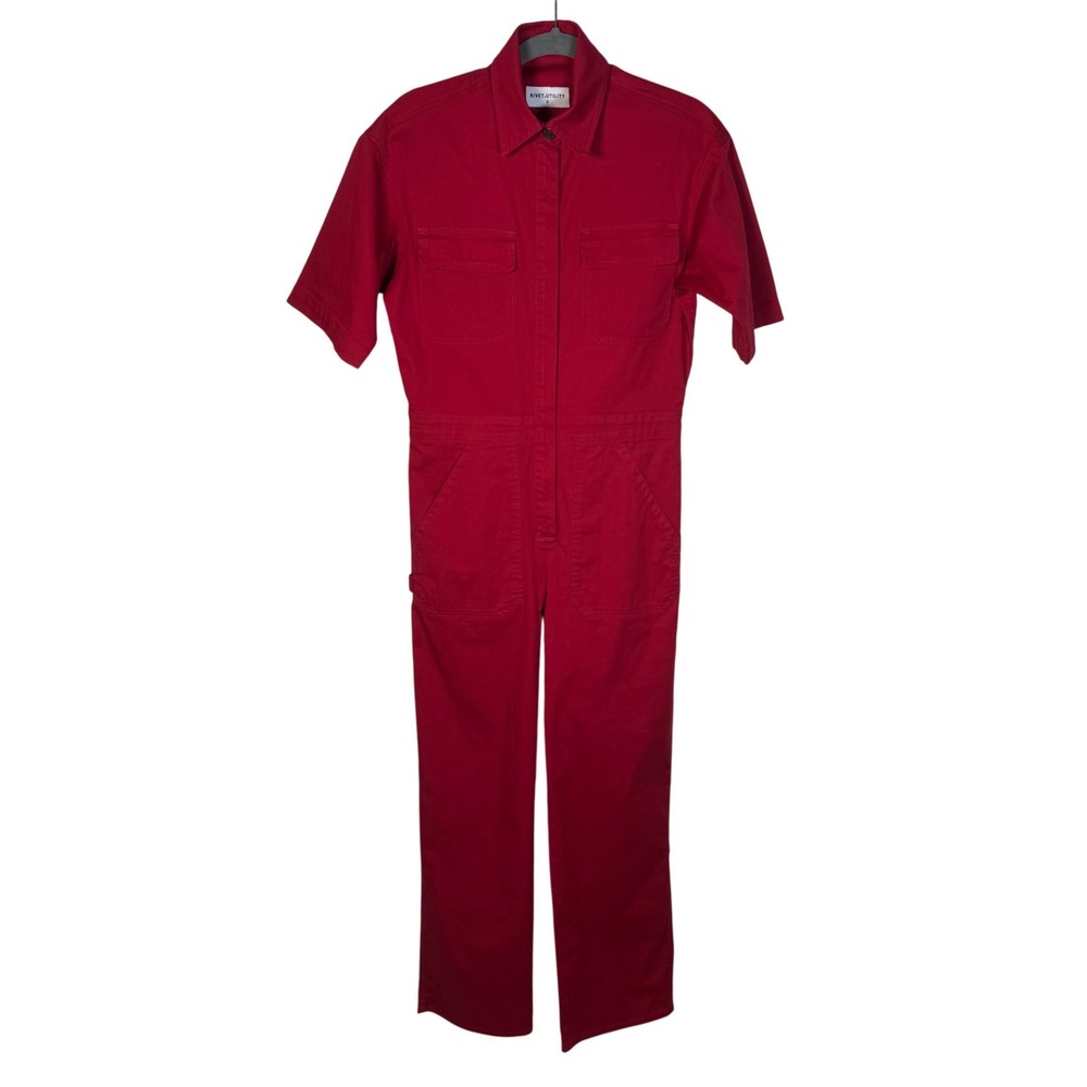Rivet Utility Size Small Dynamo Jumpsuit Red Cotton Twill Short Sleeve Work Chic